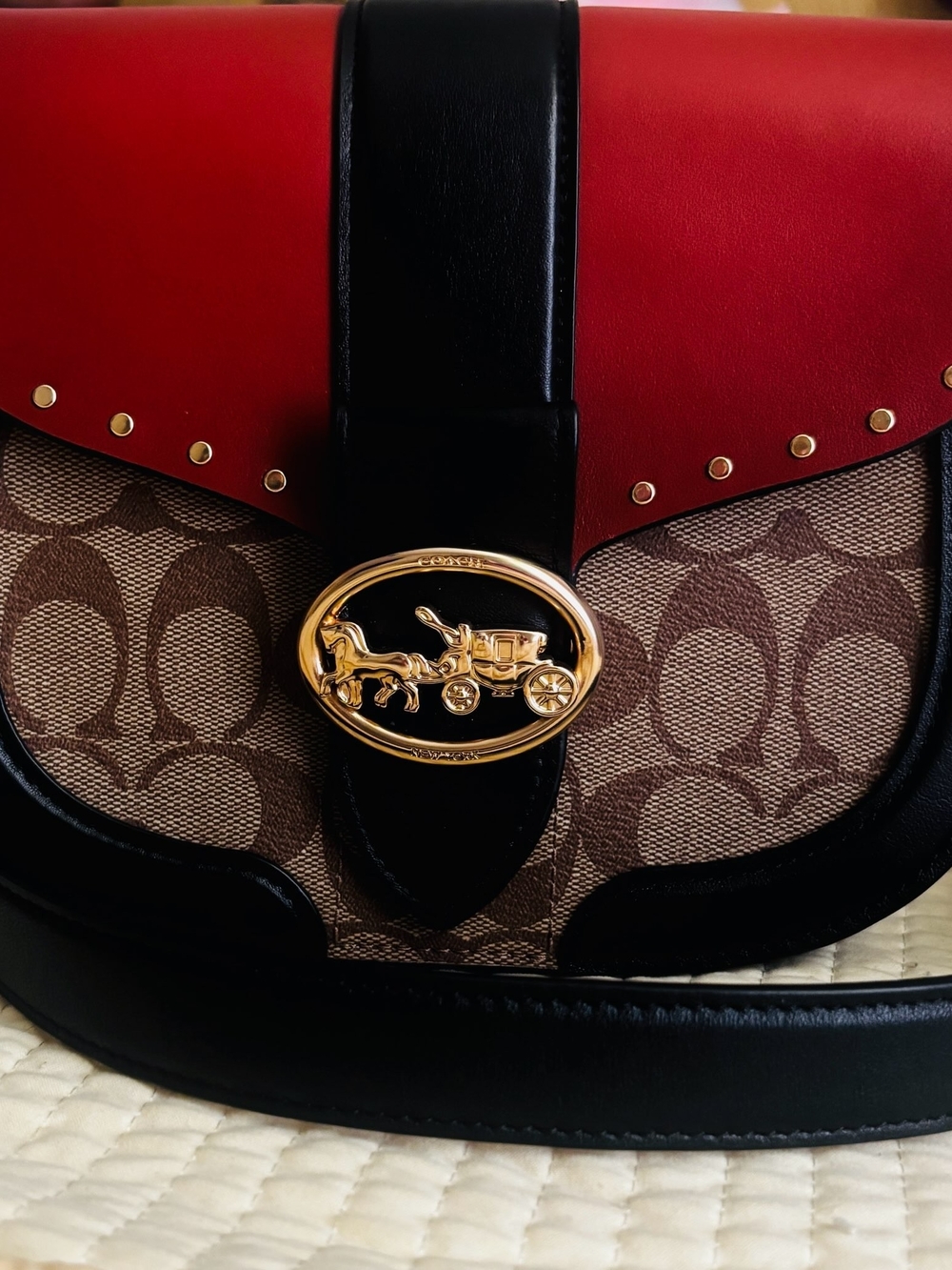 Coach Crossbody Saddle Bag in Red, Black & Brown Signature Canvas